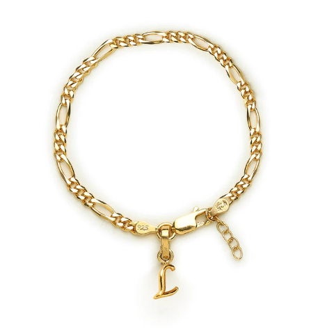 22KT gold plated 92.5% pure Sterling Silver Figaro Designer Bracelet with L Alphabet for Girls and Women