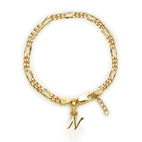 22KT gold plated 92.5% pure Sterling Silver Figaro Designer Bracelet with N Alphabet for Girls and Women