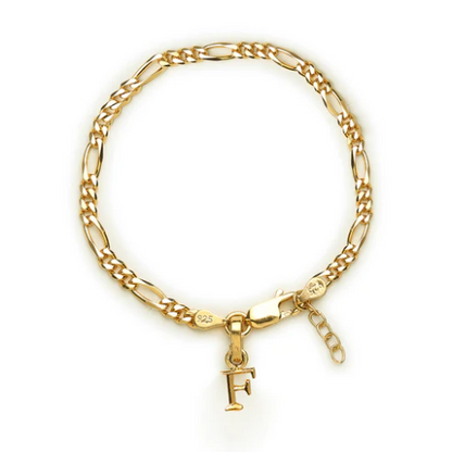 22KT gold plated 92.5% pure Sterling Silver Figaro Designer Bracelet with F Alphabet for Girls and Women