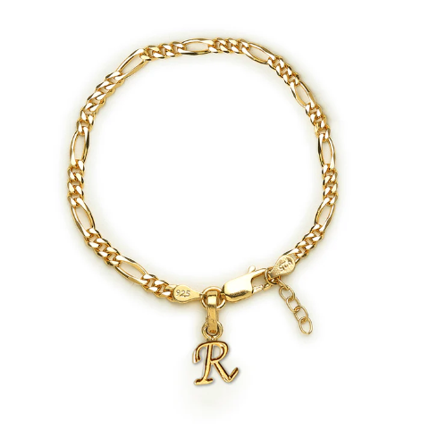 22KT gold plated 92.5% pure Sterling Silver Figaro Designer Bracelet with R Alphabet for Girls and Women