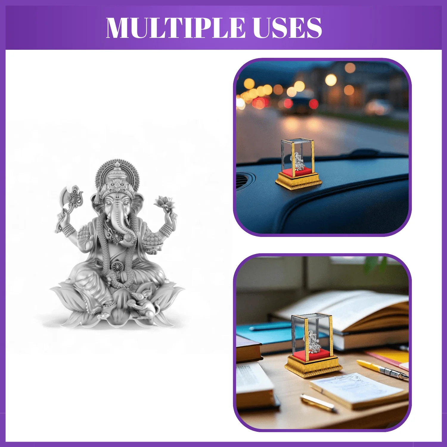 99.9% Pure Silver Lord Ganesha Idol with Acrylic Box for Pooja Room, office desk, Car Dashboard