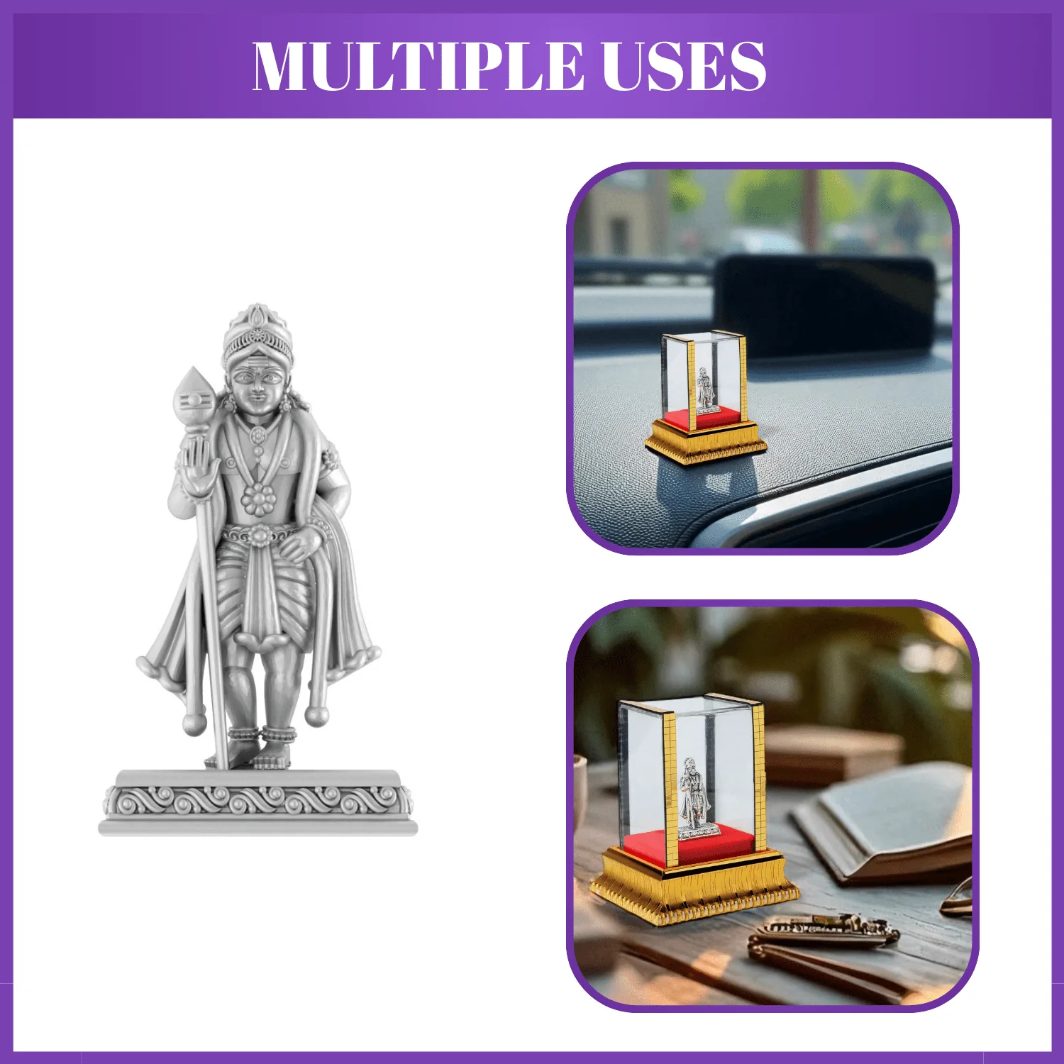 99.9% Pure Silver Lord Murugan Idol with Acrylic Box for Pooja Room, office desk, Car Dashboard