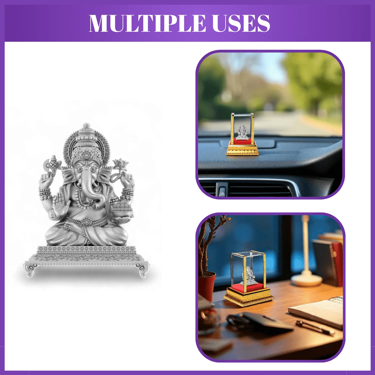99.9% Pure Silver Lord Ganesha Idol with Acrylic Box for Pooja Room, office desk, Car Dashboard